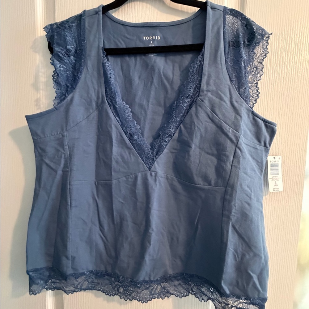 NWT Torrid Lace Trim V-Neck Tank Top - Dusty Blue